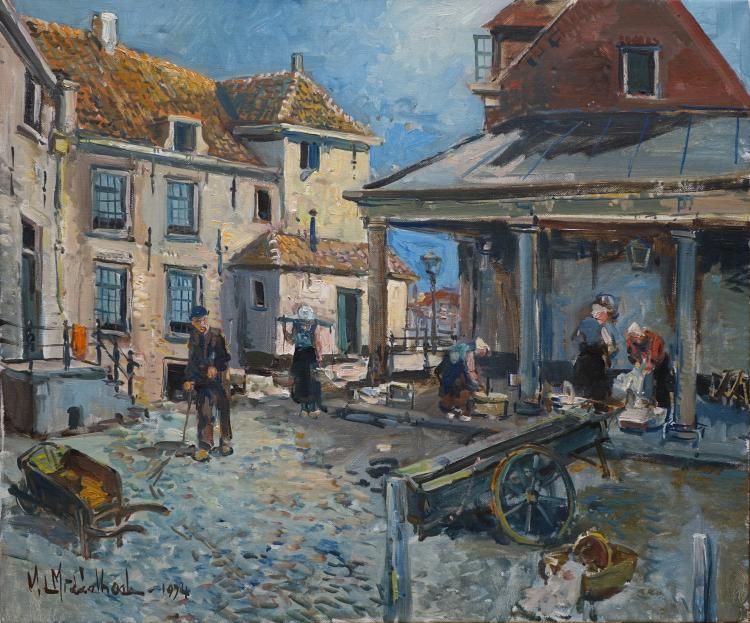 Martinus Leonardus Middelhoek, Vismarkt Middelburg doek, 60 x 50, Vismarkt Middelburg, gesigneerd