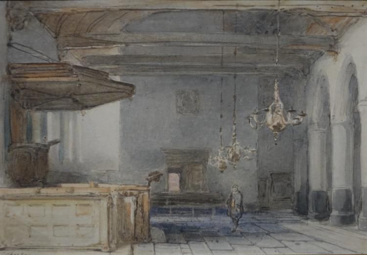 Johannes Bosboom aquarel, 14 x 20, man in kerkinterieur, gesigneerd J. Bosboom (=Johannes Bosboom.