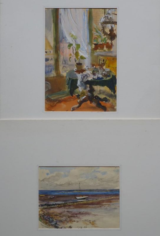2 aquarellen, F. Holleman 2 aquarellen, 20 x 14 en 12 x 16, interieur en drooggevallen zeilboot,