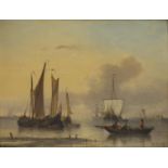 G.W. Opdenhoff, paneel, riviergezicht paneel, 26 x 35, roeiboot en zeilschepen bij windstil weer,