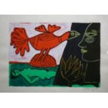 Corneille, litho vogel kleurenlitho, 35 x 50, vrouw en vogel, gesigneerd Corneille 200 (1922-2010)