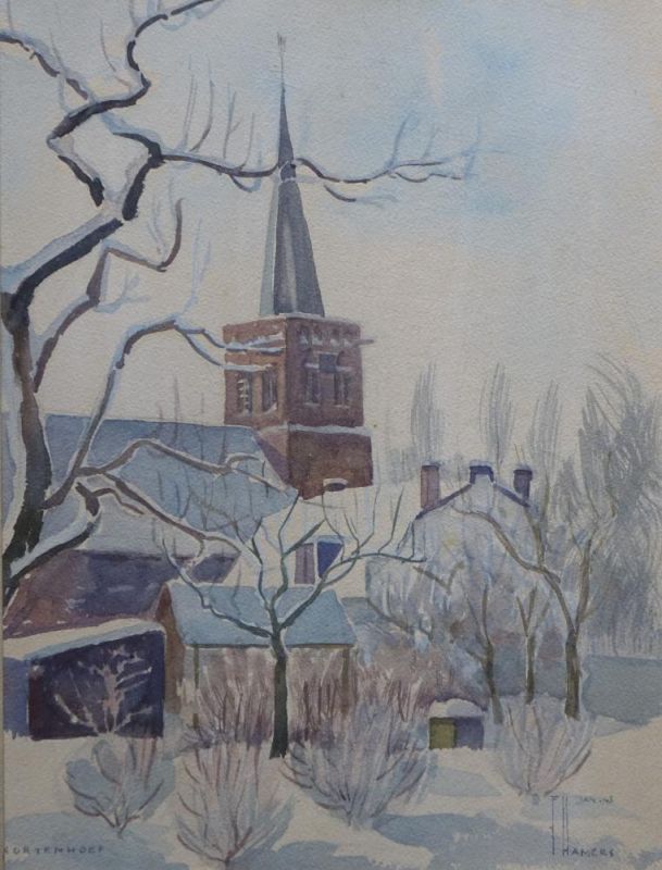 Flip Hamers, aquarel, kerk van Kortenhoef aquarel, 31 x 23, kerk van Kortenhoef in de sneeuw,