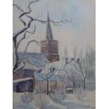 Flip Hamers, aquarel, kerk van Kortenhoef aquarel, 31 x 23, kerk van Kortenhoef in de sneeuw,