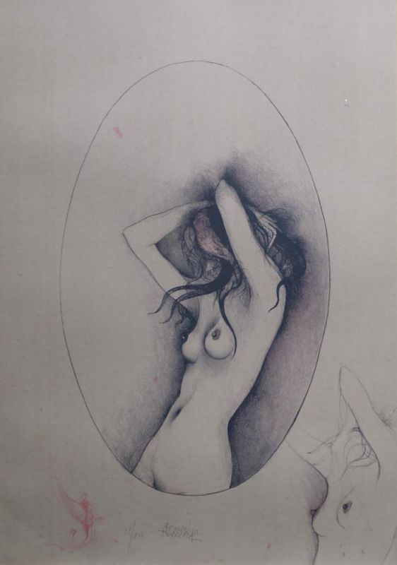 litho, naakt litho,69 x 49, vrouwelijk naakt, gesigneerd Bruni (=Bruno Bruni, geboren 1935),