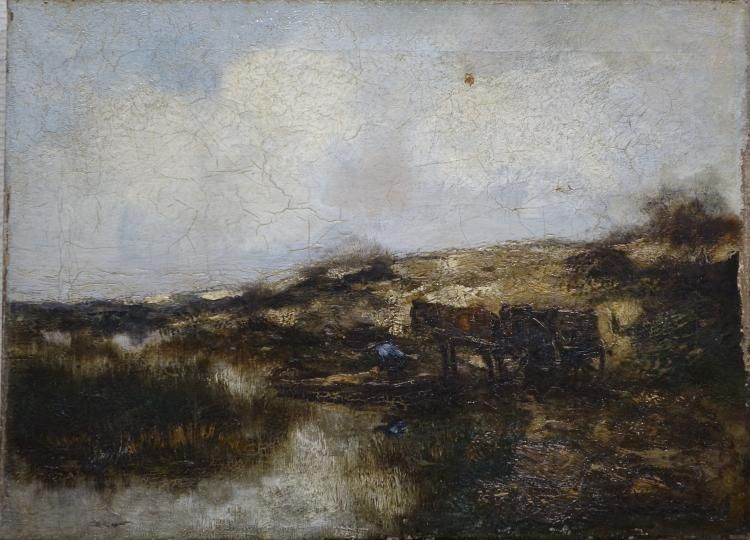 WGF Jansen, landschap doek, 40 x 55, man met paard-en-wagen bij zandput, gesigneerd W.G.F.