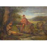 Charles Rochussen paneel, 19 x 25, strijder met lans en nar in landschap, signatuur vervaagd Ch.