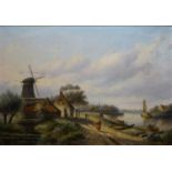 doek, molen in landschap doek, 47 x 65, figuren op zandweg langs rivier, gesigneerd onleesbaar