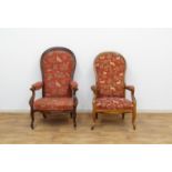 2 mahonie voltaires bekleed met rode stof 2 mahonie biedermeier voltaires met boogvormige rug,