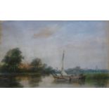 pastel, polderlandschap, A.S. potlood en pastel, 24 x 36, afgemeerde platbodem in landschap,