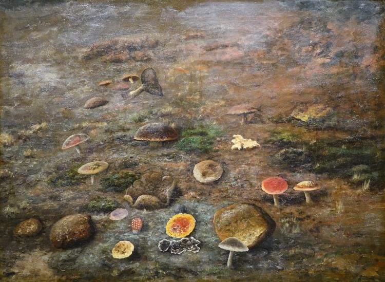 Surinx, doek, paddenstoelen doek, 74 x 100, paddenstoelen, gesigneerd Surinx (=Eugene Surinx, 1850-