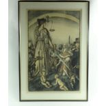 Engelse litho Engelse lithografische prent met voorstelling van vrouwe justitia, door Edmund