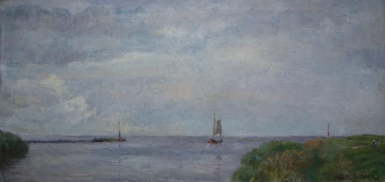 Matthijs Hage, doek, gezicht op meer doek, 40 x 80, zeilende platbodem bij havenhoofd, gesigneerd