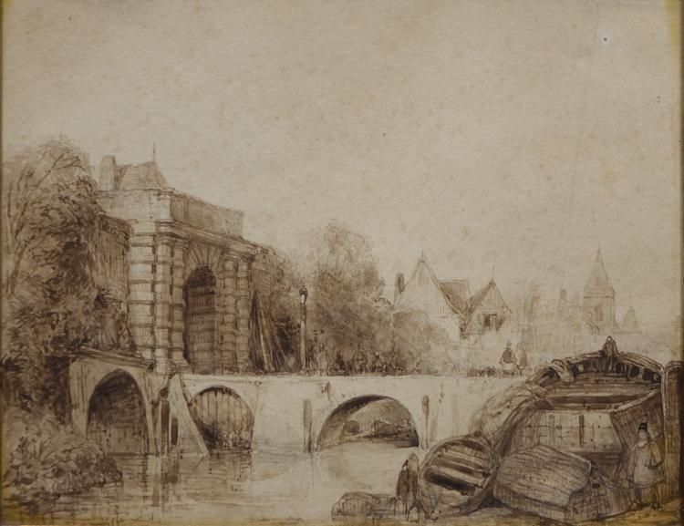 sepia stadsgezicht, A. Schelfhout sepia, 22 x 27, figuren bij stadspoort, 19e eeuw, in de manier van