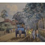 Soewardja, aquarel, figuren op weg aquarel, 23 x 26, figuren in Indonesisch straatje, gesigneerd