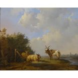 gemon. J.C.D., paneel, rustend vee paneel, 22 x 27, bok en schapen bij hek, gemonogrammeerd J.C.D.