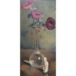 Henk Kuipers, stilleven marouflé, 32 x 16, stilleven met Chinees beeldje en bloemen, gesigneerd H.