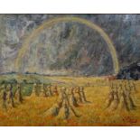 korenschoven en regenboog, J. van Mourik doek, korenschoven in landschap met regenboog op de