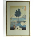 Japanse houtsnede ingekleurde Japanse blokdruk met voorstelling van figuren in rivierlandschap,