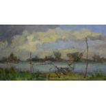 Zwiers, waterlandschap karton, 21 x 40, drogende fuik aan rivieroever, gesigneerd P. Zwiers (=Piet