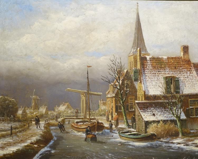 O.R. de Jongh, doek, winters ijsgezicht doek, 54 x 67, figuren op bevroren vaart bij ophaalbrug,