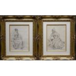 W.C. Nakken, 2 tekeningen stel studietekeningen, 22 x 16, vrouw met spinnewiel en vrouw met kruik,