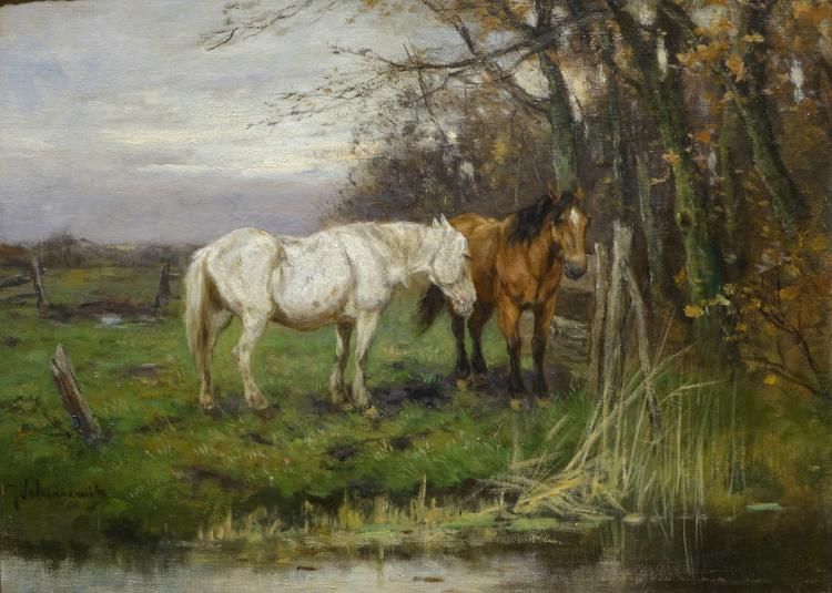 Scherrewitz, paarden bij hek doek, 30 x 40, paarden bij hek, gesigneerd J. Scherrewitz (=Johan