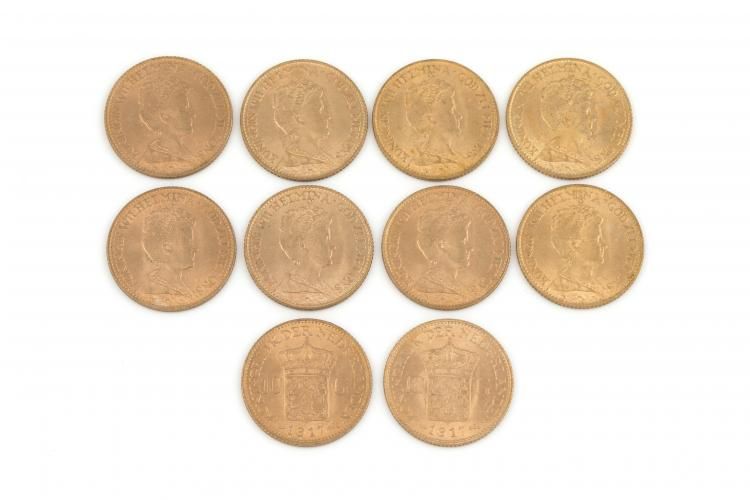 10 gouden tientjes met voorstelling van Koningin Wilhelmina, anno 1917 10 gouden tientjes met