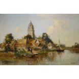 J. Knikker, gezicht op dorp doek, 60 x 90, gezicht op dorp met kerktoren, gesigneerd Jan Knikker (=