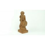 terracotta sculptuur, A. Mertens terracotta sculptuur met voorstelling van putto op dolfijn,