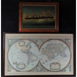 2 prenten prent met voorstelling van stoomschip achter glas en wereldkaart naar 17e eeuws voorbeeld