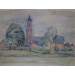 Jelle Troelstra, aquarel, dorp aquarel, 43 x 55, gezicht op kerkdorp, gesigneerd Jelle Troelstra (