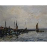 Cornelis de Bruin, haven doek, 40 x 50, platbodems bij havenhoofd, gesigneerd C. de Bruin (=Cornelis