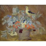 S. Boissart, stilleven met bloemen doek, 33 x 41, vogel op fruitmand, gesigneerd S. Boissart