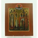 ikoon met 8 heiligen Russische ikoon met voorstelling van 8 heiligen, 19e eeuw, 31x27 cm.