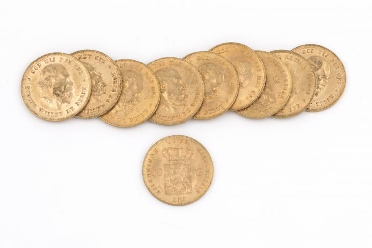 10 gouden tientjes met voorstelling van Koning Willem III, anno 1875 10 gouden tientjes met