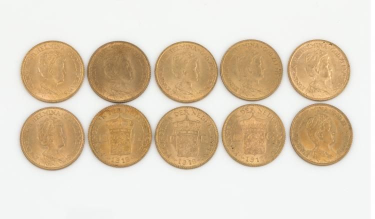 10 gouden tientjes met voorstelling van Koningin Wilhelmina, anno 1912 10 gouden tientjes met