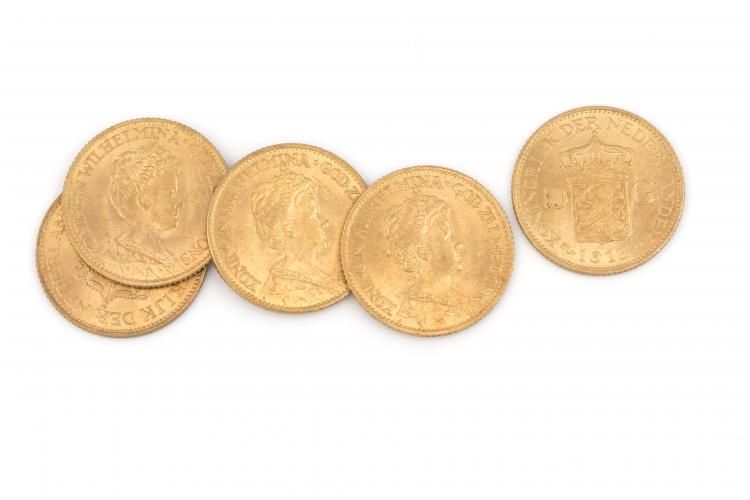 5 gouden tientjes Wilhelmina anno 1913 5 gouden tientjes met voorstelling van Koningin Wilhelmina,