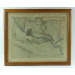 landkaart ingekleurde gravure met voorstelling van de kaart van Maastricht en omgeving, uit