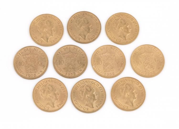 10 gouden tientjes met voorstelling van Koningin Wilhelmina, anno 1932 10 gouden tientjes met