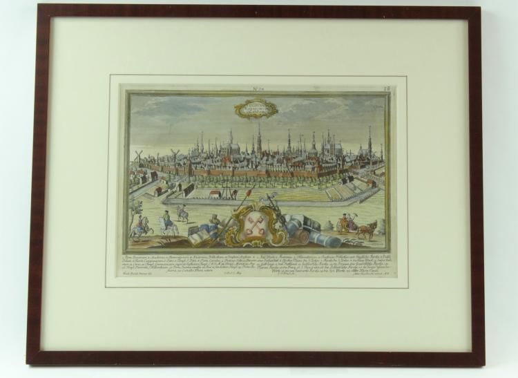 gravure Leyden ingekleurde gravure met voorstelling van de kaart van Leyden, door I.G. Ringle,