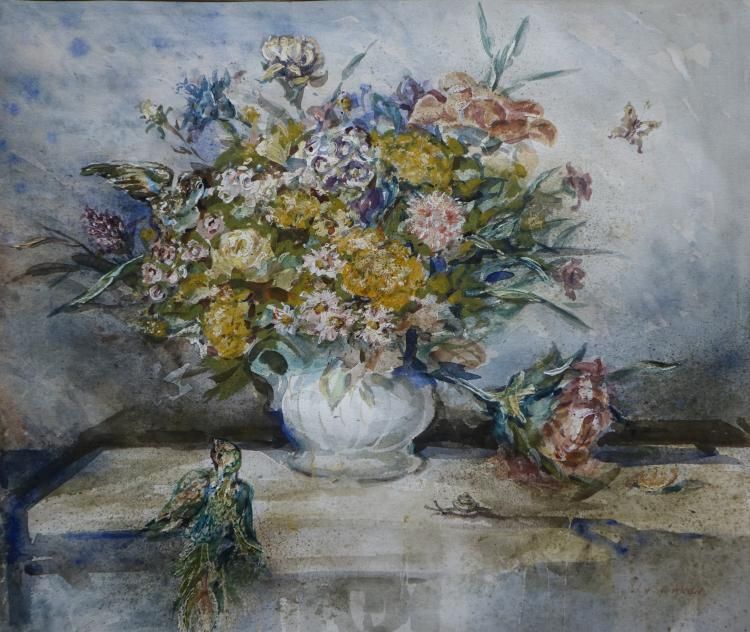 aquarel, stilleven met bloemenmand, Wim van Aken aquarel, stilleven met bloemen, vlinder en vogel,