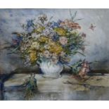 aquarel, stilleven met bloemenmand, Wim van Aken aquarel, stilleven met bloemen, vlinder en vogel,