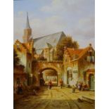 P. Steenhouwer, straatje bij kerk paneel, 40 x 30, figuren bij poort van Oudhollandse stad,