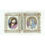 2 plaquettes Jezus en Maria stel porseleinen plaquettes met voorstelling van Jezus en Maria in