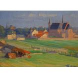 Albert Arens, Brabants landschap triplex, 20 x 27, kerk in Brabants landschap, gesigneerd Albert