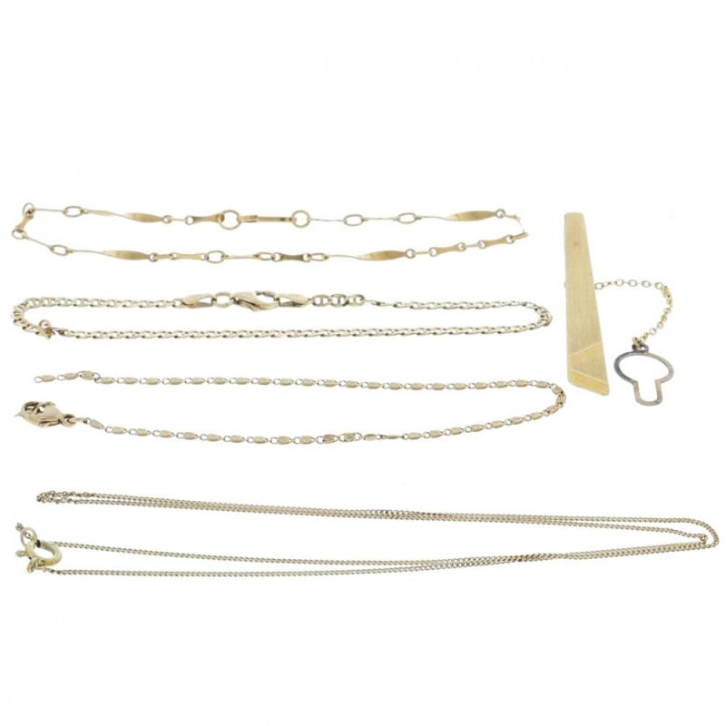 1 gouden ketting, 3 armbanden, dasspeld 14 krt. gouden ketting, 3 diverse 14 krt. gouden