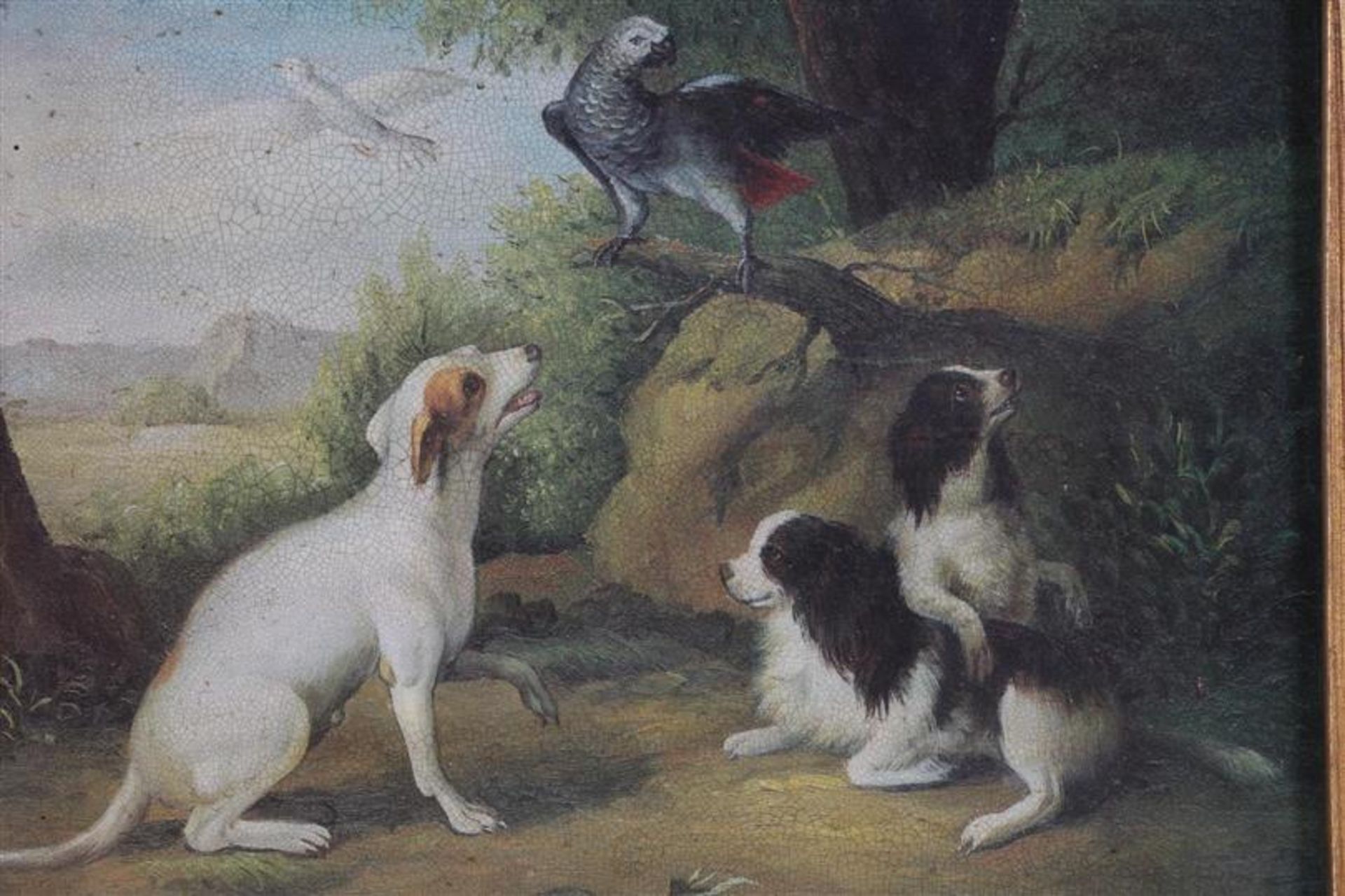 Oleografie op paneel, 'Honden en papegaaien'. HxB: 20 x 25 cm. - Bild 2 aus 4