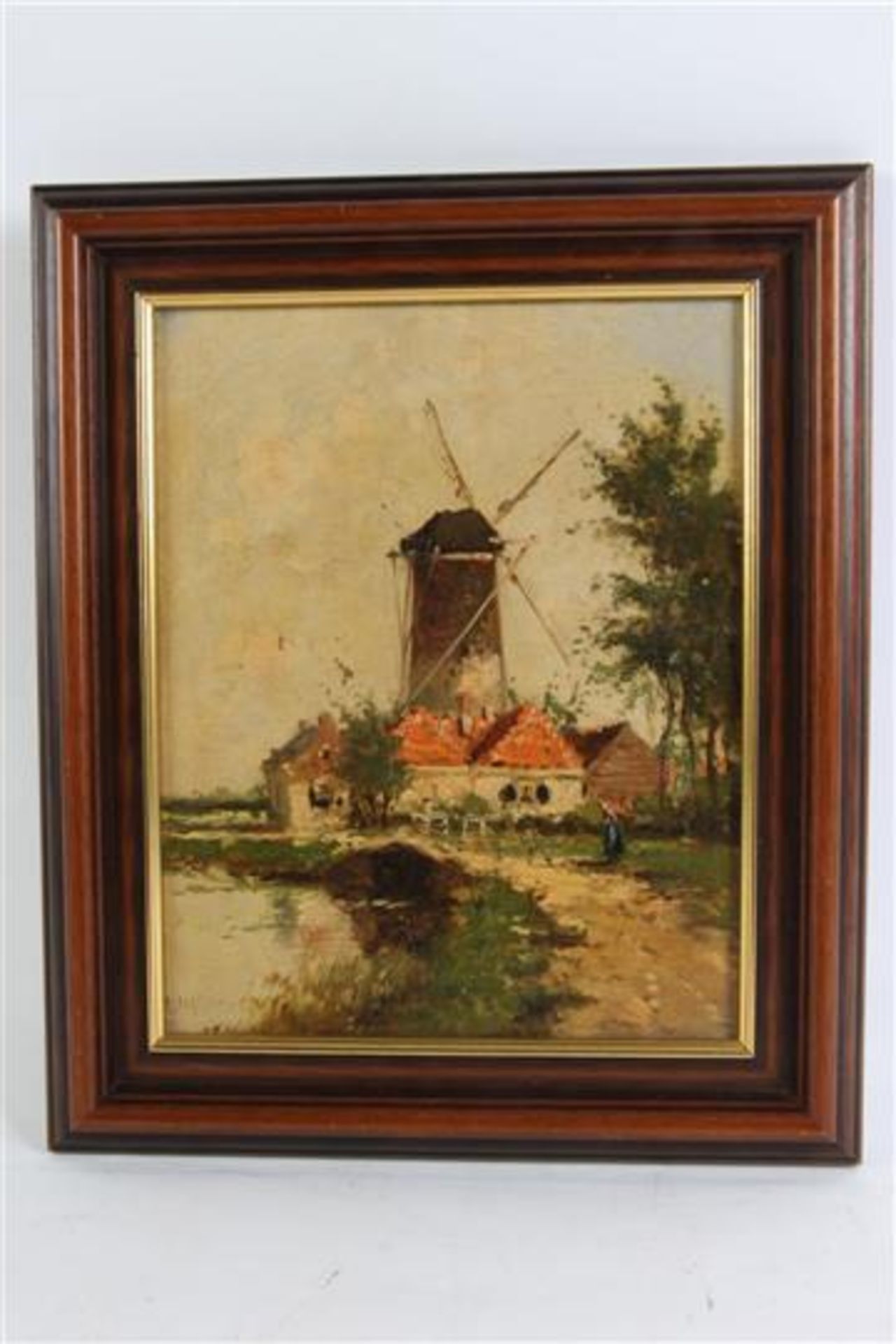 Schilderij, olieverf op doek, 'Gezicht op een molen aan het water'. HxB: 29 x 23 cm.