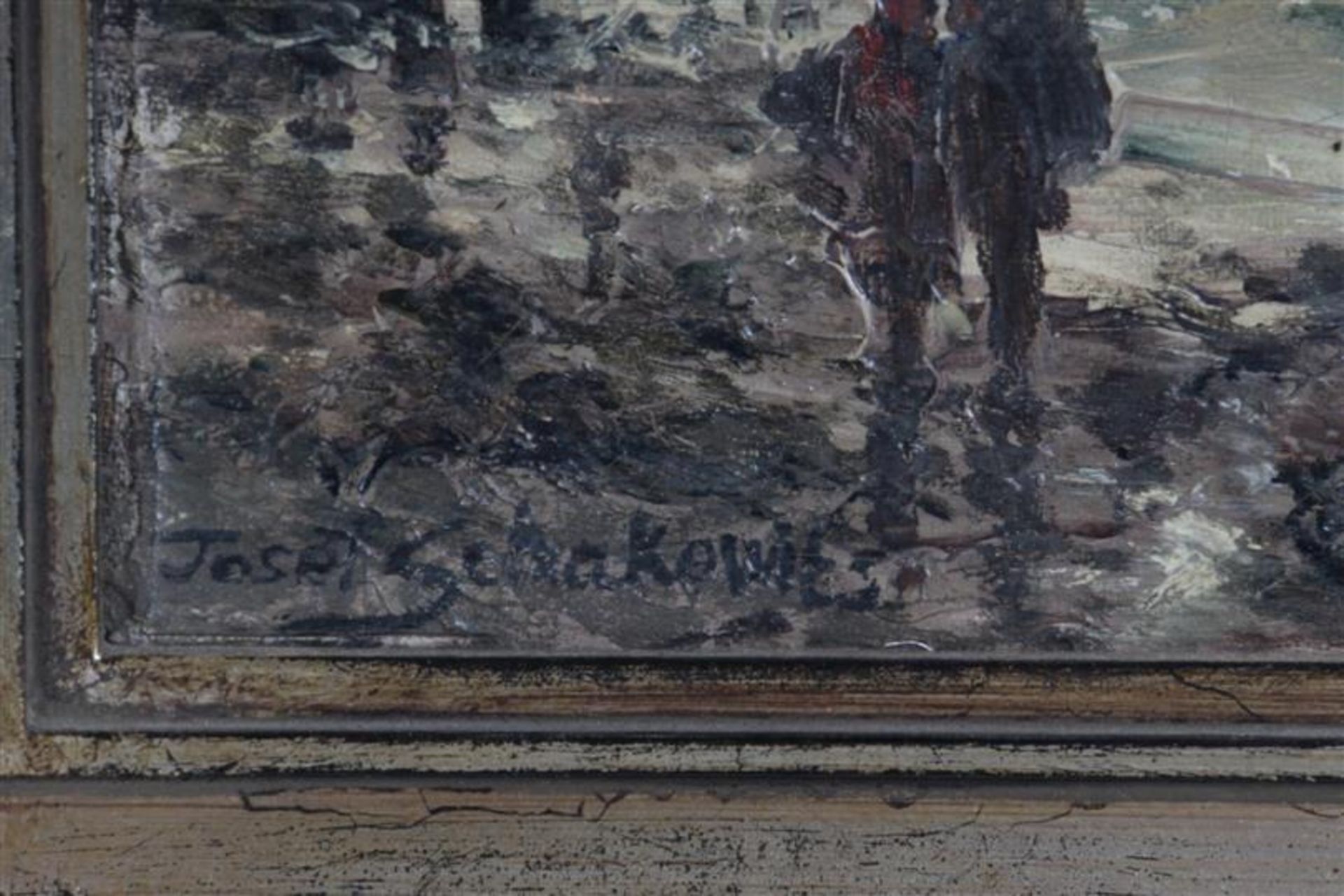 Schilderij, olieverf op doek, 'Kustscene met schepen en wandelaars', slechte conditie. Joseph - Bild 3 aus 4