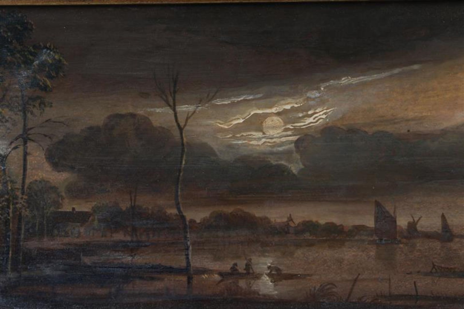 Schilderij, 'Avondschildering aan de rivier', Hollandse school, 19e eeuw. HxB: 12 x 24.5 cm. - Bild 2 aus 3